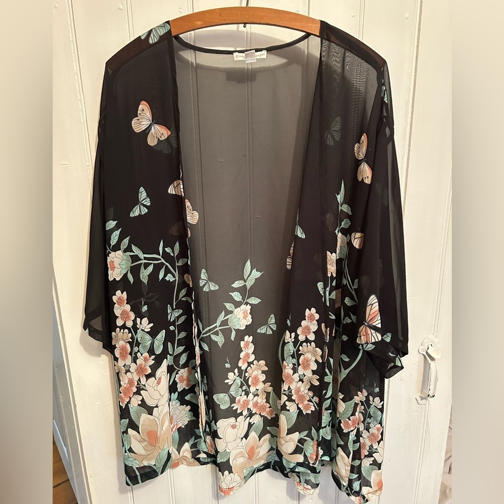 Warehouse one xl/xxl black, pink & green Floral Butterfly Sheer Kimono